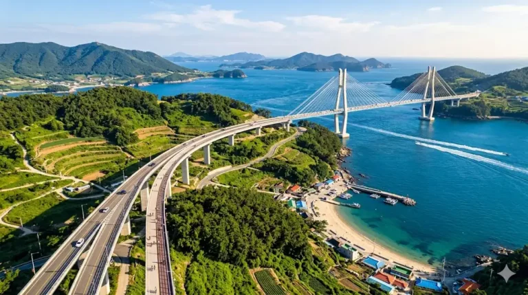 Vista aérea dinámica del Puente Geogeum-daegyo con su diseño único de dos pisos y la costa virgen de la Isla Geogeumdo, ideal para un viaje a Geogeumdo inolvidable.