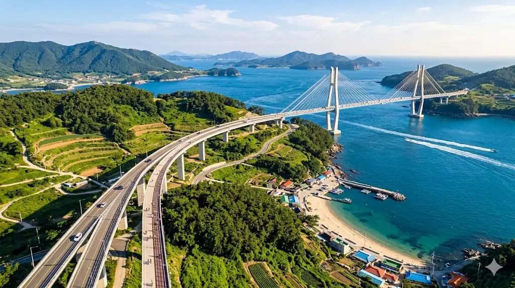 Vista aérea dinámica del Puente Geogeum-daegyo con su diseño único de dos pisos y la costa virgen de la Isla Geogeumdo, ideal para un viaje a Geogeumdo inolvidable.