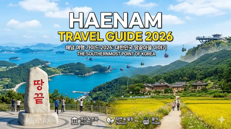 Vista panorámica de Haenam en 2026, mostrando el monumento del punto más al sur de Corea, el templo Daeheungsa y el teleférico sobre el mar.