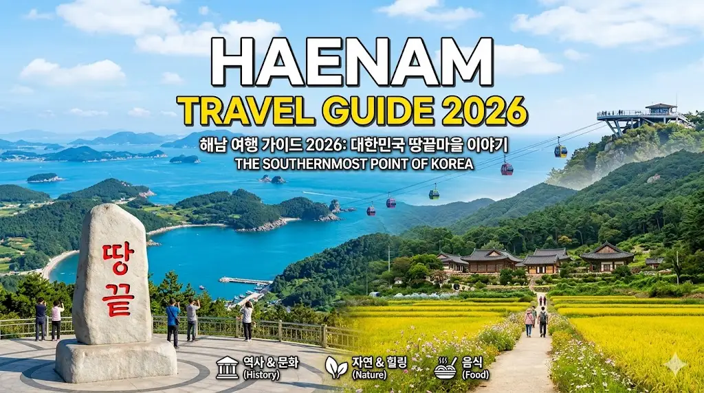 Vista panorámica de Haenam en 2026, mostrando el monumento del punto más al sur de Corea, el templo Daeheungsa y el teleférico sobre el mar.