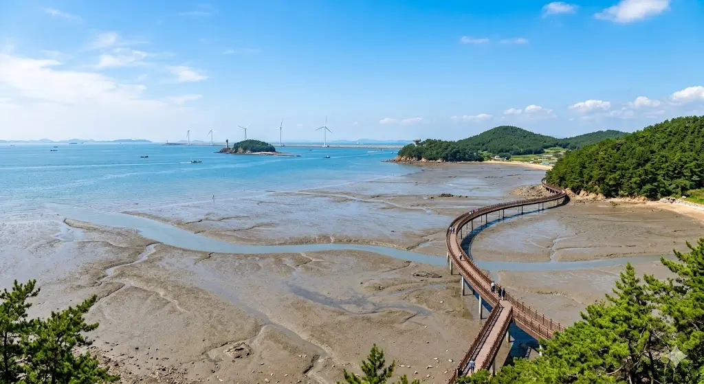 Vista panorámica de la Isla Daebudo con sus famosos lodos, el puente peatonal y los molinos de viento bajo un cielo despejado.
