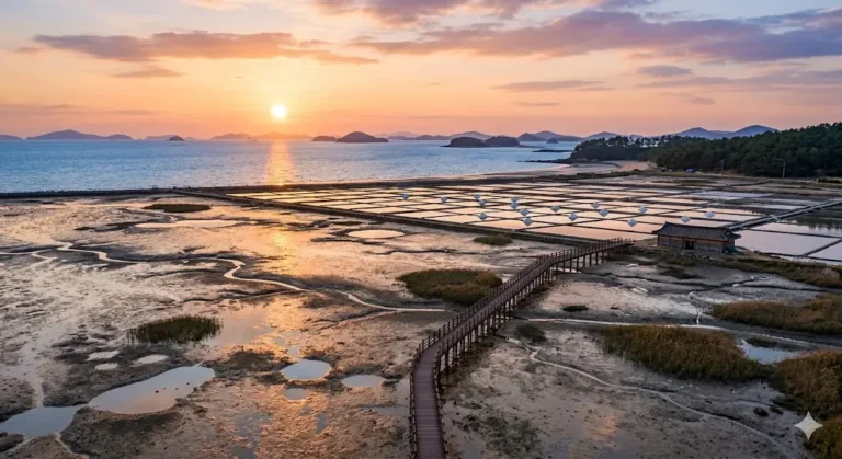 Vista aérea de las salinas de Taepyeong en la Isla Jeungdo, Corea del Sur, durante el atardecer con el puente de madera Jjangjjae.