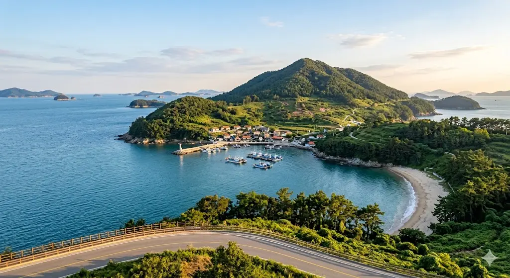 Vista panorámica de la Isla Joyakdo en Wando, Corea del Sur, con montañas verdes, una playa serena y el mar azul.