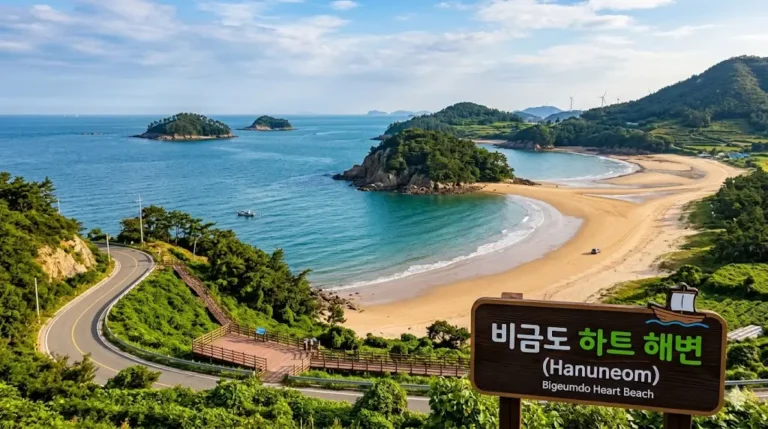 Vista aérea de la playa Hanuneom con forma de corazón en la Isla Bigeumdo, Sinan, Corea del Sur.