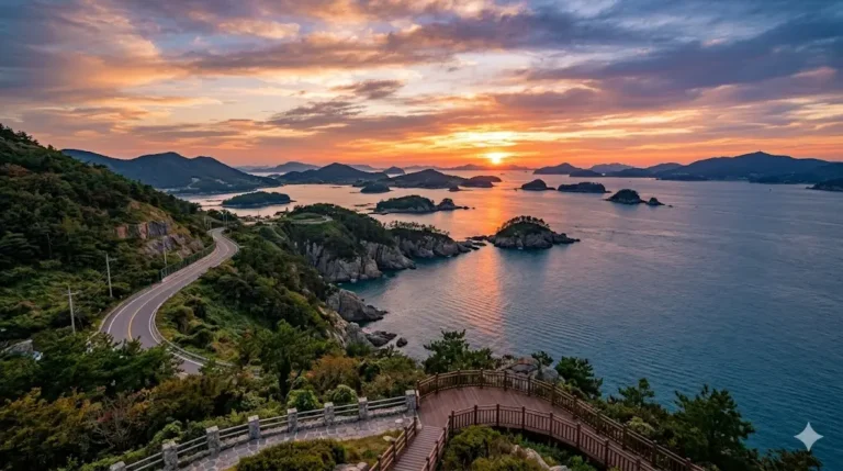 Vista panorámica del atardecer en la costa de la Isla Mireukdo en Tongyeong, Corea del Sur, mostrando el mar y las montañas.