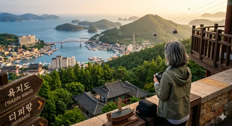 Una fotógrafa de viajes veterana observa la vista panorámica del puerto de Tongyeong, las islas del Mar del Sur y una réplica del barco tortuga (Geobukseon) desde un mirador al atardecer.