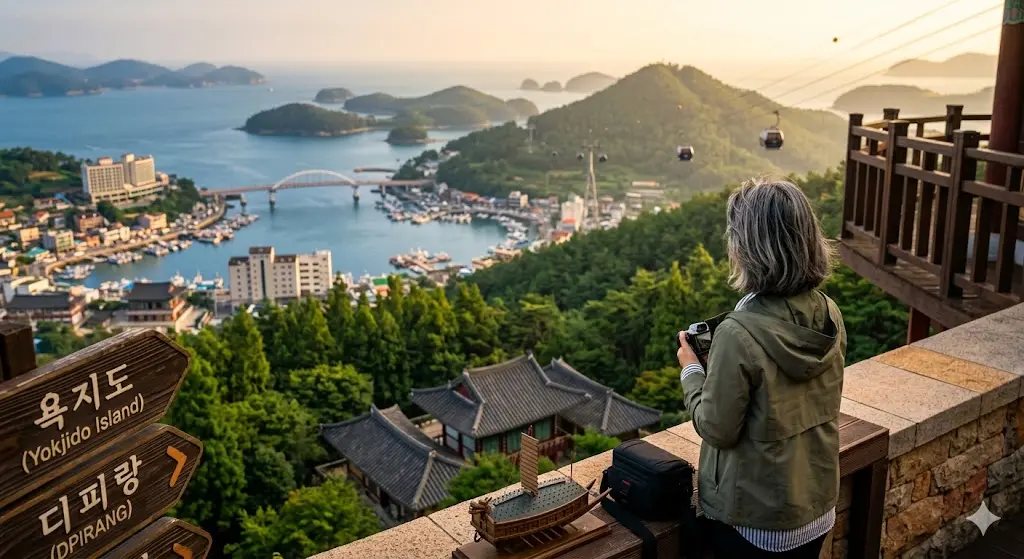 Una fotógrafa de viajes veterana observa la vista panorámica del puerto de Tongyeong, las islas del Mar del Sur y una réplica del barco tortuga (Geobukseon) desde un mirador al atardecer.