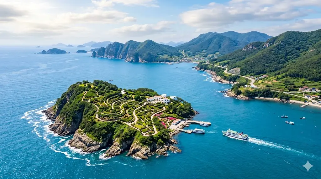 Vista panorámica de la isla Oedo Botania en Geoje con jardines esculpidos y el mar azul cristalino de Corea del Sur.