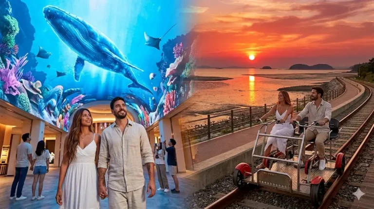 Viaje a la Isla Yeongjongdo Incheon: Una pareja Latina admira el show de ballenas digitales en Inspire Resort 'Aurora' (izquierda) y monta el Seaside Rail Bike al atardecer (derecha).