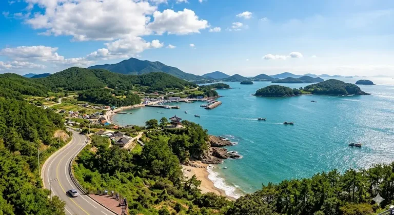 Vista panorámica de la costa de la isla Gogeumdo en Wando, Corea del Sur, con un pabellón tradicional y el mar azul brillante.