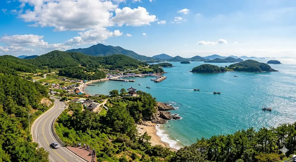 Vista panorámica de la costa de la isla Gogeumdo en Wando, Corea del Sur, con un pabellón tradicional y el mar azul brillante.