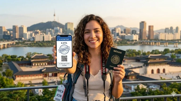 Viajera mexicana sonriendo en Seúl mostrando su pasaporte y celular con pantalla de e-Arrival Card exenta de K-ETA en 2026.