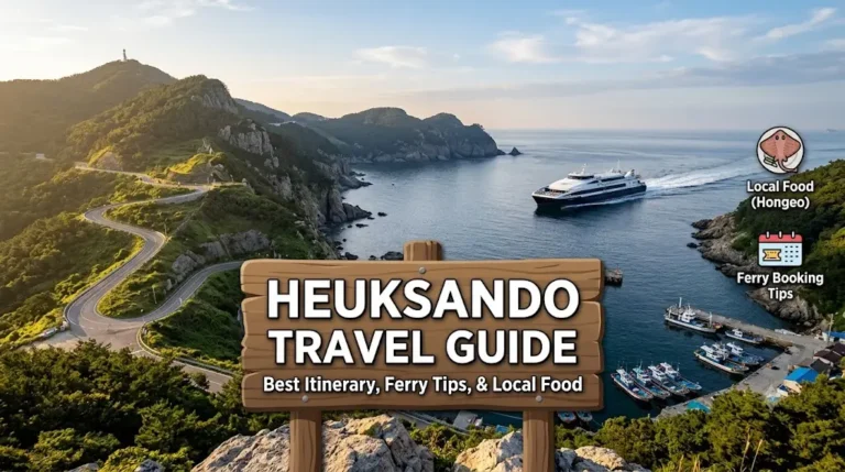 Heuksando Island travel guide main banner featuring winding Sanglasan road, a passenger ferry, and scenic coastline of Korea