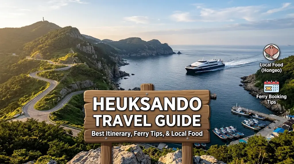 Heuksando Island travel guide main banner featuring winding Sanglasan road, a passenger ferry, and scenic coastline of Korea