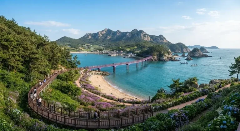 Panoramic aerial view of the famous purple bridge connecting Bakji Island and Anjwa Island in Sinan, South Korea, surrounded by blue sea, lush green mountains, and vibrant spring flowers like hydrangeas and lavender along the coastal walking path.