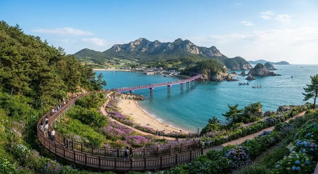 Panoramic aerial view of the famous purple bridge connecting Bakji Island and Anjwa Island in Sinan, South Korea, surrounded by blue sea, lush green mountains, and vibrant spring flowers like hydrangeas and lavender along the coastal walking path.