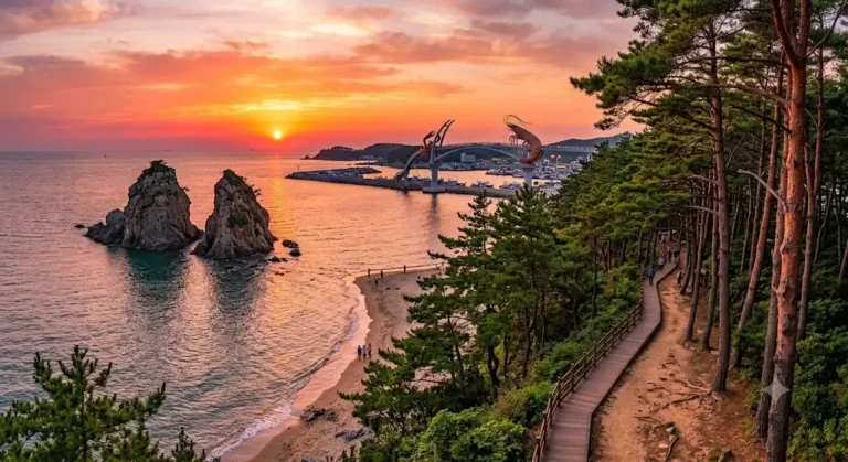 A dramatic sunset at Kkotji Beach on Anmyeondo Island, featuring the twin rock pillars, a coastal red pine forest trail, and the iconic crab-shaped bridge over the Yellow Sea.