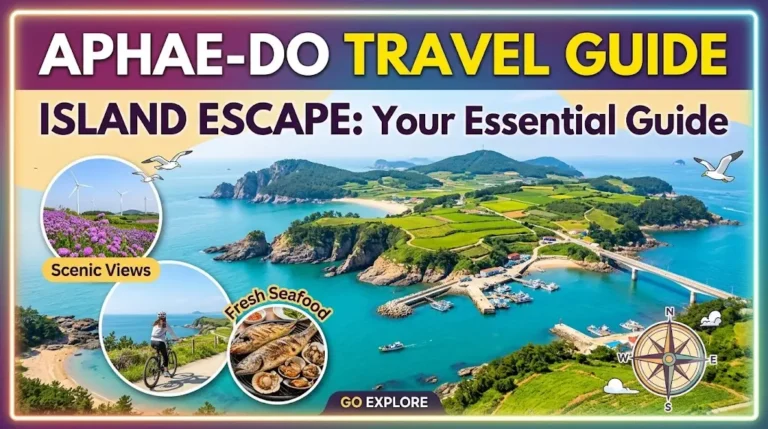 Aphaedo Travel guide itinerary thumbnail highlighting the scenic 1004 Island Bonsai Garden, coastal Sunset Road drive, and the golden evening view of Songgong Port.