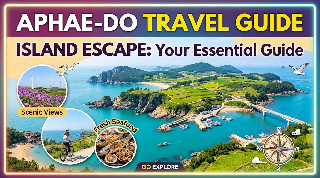 Aphaedo Travel guide itinerary thumbnail highlighting the scenic 1004 Island Bonsai Garden, coastal Sunset Road drive, and the golden evening view of Songgong Port.