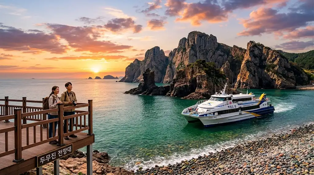 A panoramic sunset view of the Dumujin cliffs on Baengnyeongdo Island, with a high-speed ferry arriving and tourists on an observatory boardwalk.