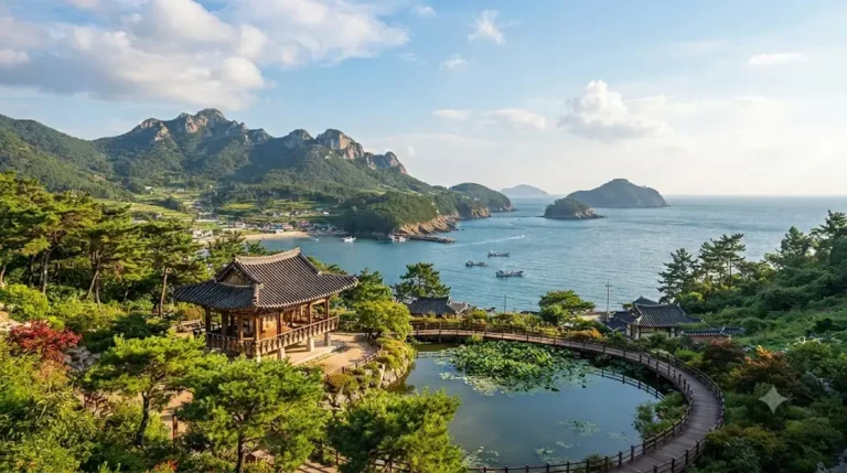 Panoramic landscape view of South Korea Bogildo featuring Seseonjeong historic garden pavilion, circular lotus pond with curved wooden bridge, lush green mountains, and blue southern sea during golden hour.