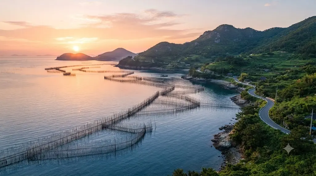 Scenic golden hour view of the traditional Jukbangnyeom bamboo fishing traps in Changseondo, Namhae, South Korea.