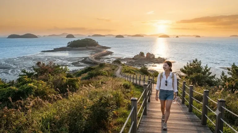 A female traveler with a backpack walking on the wooden coastal deck bridge of Gubongdo Island in Daebudo, South Korea, during a vibrant sunset over the vast tidal flats and West Sea.