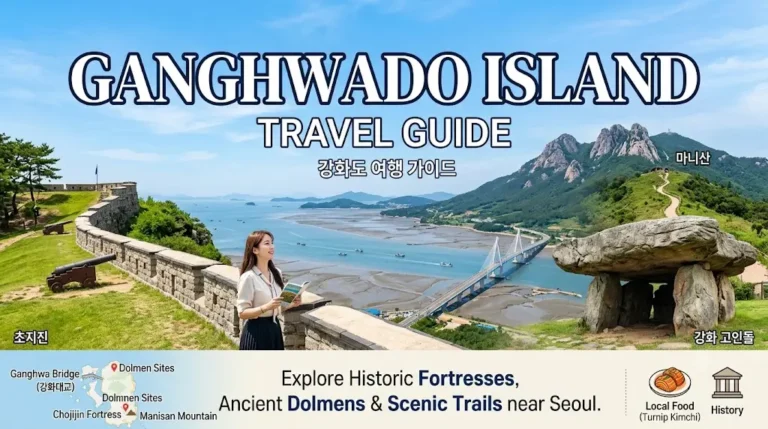 A representative cover image for the Ganghwado Island Travel Guide, showcasing historic elements like Chojijin Fortress wall, the ancient dolmen, and the distant peak of Manisan Mountain, with a traveler viewing the serene coastline.