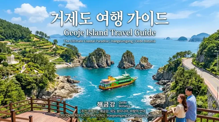 A breathtaking panoramic view of Geoje Island coastal landscape in South Korea, featuring emerald southern seas and scenic cliffs for the ultimate travel guide.