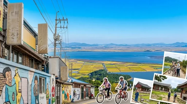 Gyodongdo Travel guide itinerary thumbnail highlighting the retro alleys of Daeryong Market, Gogu Reservoir boardwalk path, and the golden sunset over the border at Manghyangdae.