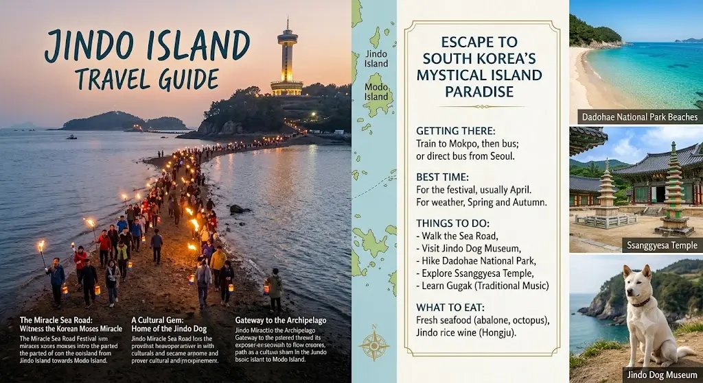 A comprehensive Jindo Island Travel Guide infographic collage featuring the Miracle Sea Road festival with people walking with torches, a white Jindo dog on a cliff, Ssanggyesa Temple, and a Dadohae National Park beach.