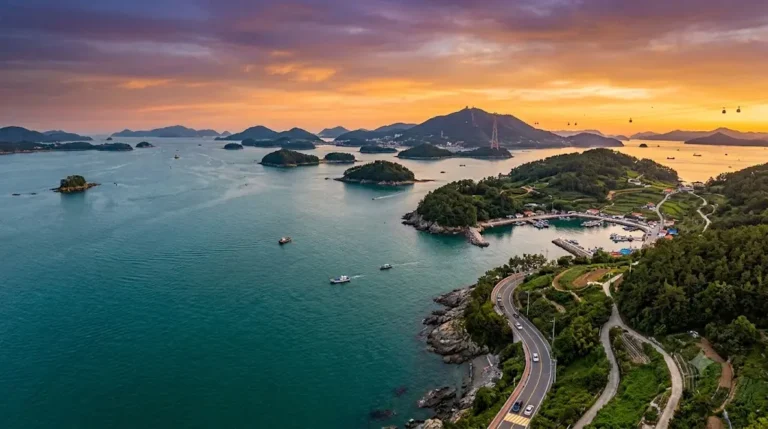 Mireukdo Travel guide itinerary thumbnail showcasing a panoramic coastal island view of Hallyeohaesang National Park with vibrant emerald seas and a dramatic golden sunset over the south sea horizon.