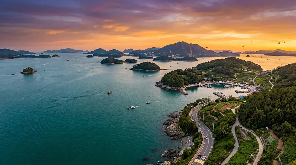 Mireukdo Travel guide itinerary thumbnail showcasing a panoramic coastal island view of Hallyeohaesang National Park with vibrant emerald seas and a dramatic golden sunset over the south sea horizon.