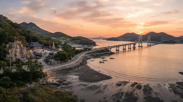 Seokmodo travel guide showing Seokmodo Bridge and Minmoru Beach sunset views