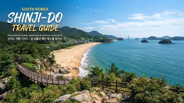 Panoramic landscape view of South Korea Shinji-do featuring Myeongsasimni Beach, crystal-clear white sand coastline, curved wooden walking path, lush green mountains, and Shinji Bridge during sunny weather.