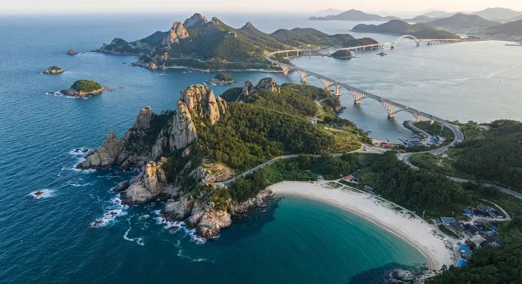 Aerial view of South Korea Amtaedo island during golden hour, showcasing dramatic rock formations, crystal-clear Chupo Beach, and the modern Diamond Bridge network connecting to the mainland.