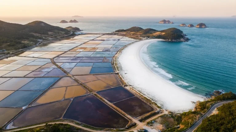 Aerial view of Bigeumdo island in Shinan, South Korea, showcasing geometric solar salt evaporation ponds adjacent to a pristine crescent beach and the Yellow Sea at sunset.