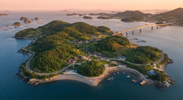 Aerial view of Gogeumdo island in Wando, South Korea, during golden hour, showing lush green hills, winding coastal roads, traditional villages, and the long arching Gogeum Bridge connecting to the mainland.