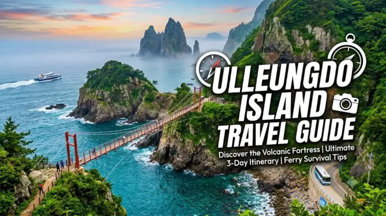 A scenic Ulleungdo Island coast at sunrise, featuring the orange suspension bridge, a high-speed ferry boat, a local bus on a cliff road, and the iconic Samseonam rock pillars. Title text: "ULLEUNGDO ISLAND TRAVEL GUIDE".