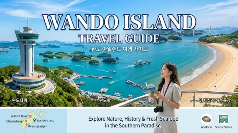 Wando Island Travel Guide main cover image featuring a panoramic view of Wando Tower, Wando Port, and Myeongsasipri Beach with a traveler smiling against the blue ocean backdrop.