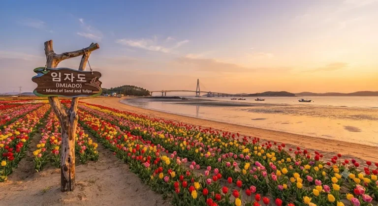 Scenic landscape of Imjado island South Korea during golden hour, featuring vast DaeGwang Beach, colorful tulip fields, Imja Bridge, and a wooden signpost with text '임자도 (IMJADO) - Island of Sand and Tulips'.
