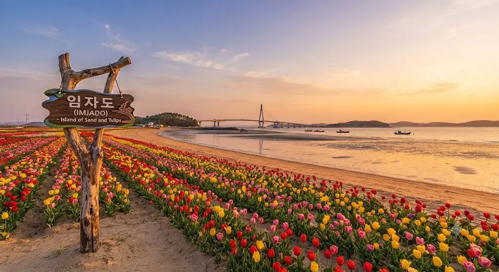 Scenic landscape of Imjado island South Korea during golden hour, featuring vast DaeGwang Beach, colorful tulip fields, Imja Bridge, and a wooden signpost with text '임자도 (IMJADO) - Island of Sand and Tulips'.