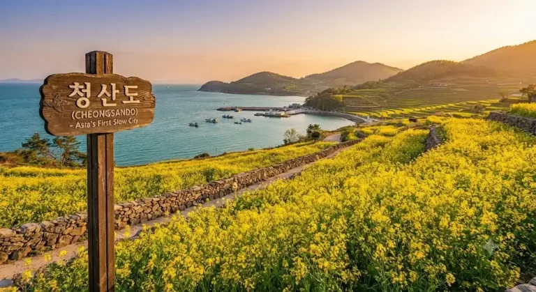 Scenic landscape of Cheongsando island South Korea during golden hour, featuring famous yellow canola flower fields, traditional stone-paved slow-gil paths, turquoise coastal waters, and a wooden signpost with text '청산도 (CHEONGSANDO) - Asia's First Slow City'.