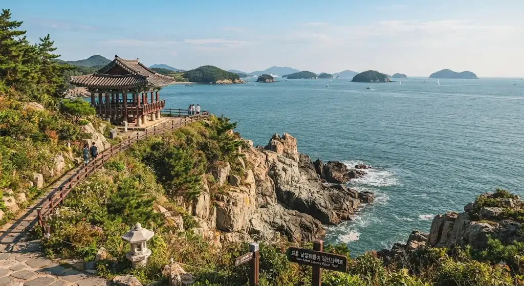 A breathtaking coastal view of Goheung, South Korea, showing serene blue ocean waters, majestic rocky cliffs, and a glimpse of traditional Korean architectural elements, set against a clear sky.
