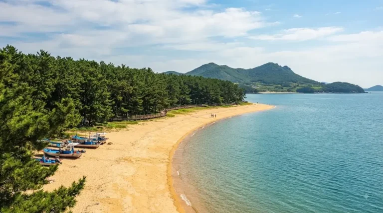 Scenic view of the pine forest and sandy shore at Seopori Beach on Deokjeokdo Island, Incheon.