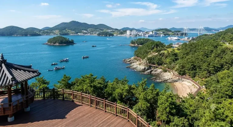 Panoramic view of Hansando island and Hallyeo National Park from a wooden observatory on a sunny day, showing fishing boats and distant Tongyeong city.