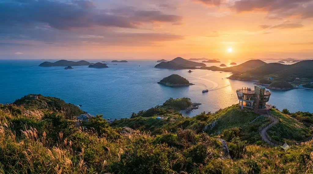 A breathtaking sunset view overlooking the island archipelago and sea from Nakjo Observatory in Jangsando Travel Guide, South Korea.