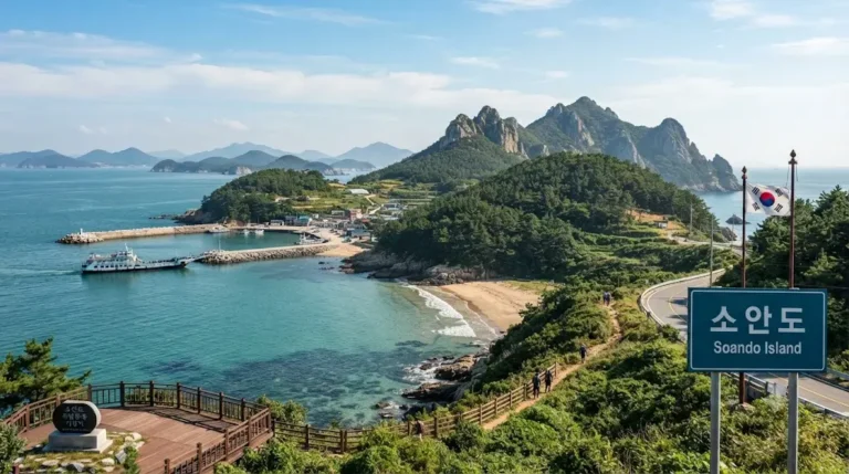 Scenic view of the smooth pebble beach and evergreen forest at Mira-ri on Soando Island, South Korea.