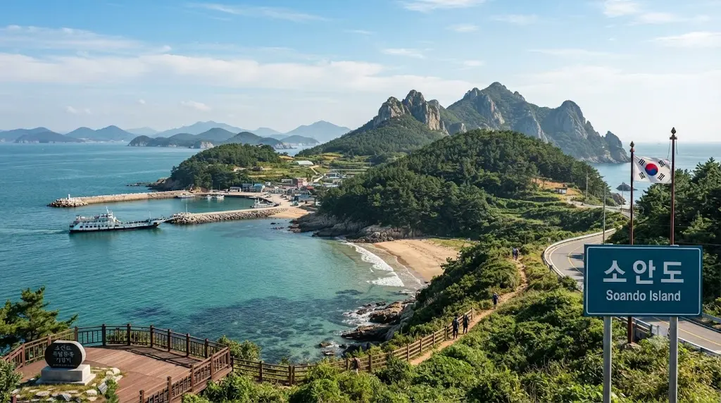 Scenic view of the smooth pebble beach and evergreen forest at Mira-ri on Soando Island, South Korea.
