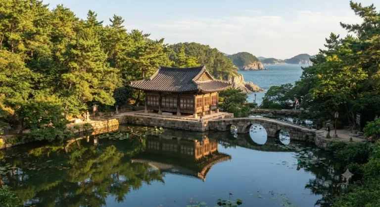 South Korea Bogildo Travel Guide showing the historic Seseonjeong pavilion, traditional stone bridge, and surrounding evergreen forest.